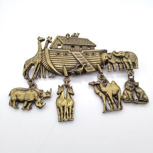 Vintage JJ Noah's Ark Dangle Brooch in Burnished Gold Tone